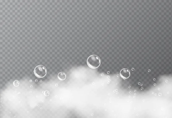 Koupelová pěna izolovaná na průhledném pozadí. Šampon bubliny textury. Mýdlo rozpuštěné ve vodě. Efekt mytí. — Stockový vektor