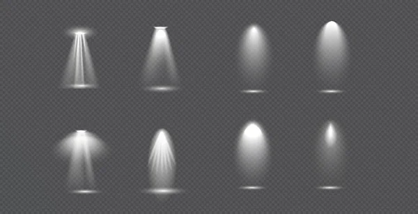 Большая коллекция декораций, освещение концертов, сценические прожекторы. Световое освещение сцены. Прозрачный спецэффект для Вашего дизайна — стоковый вектор