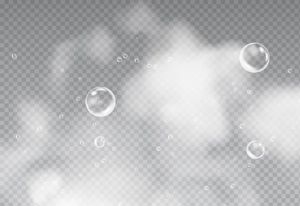 Schiuma bagno isolata su sfondo trasparente. Shampoo bolle texture. sapone disciolto in acqua. L'effetto del lavaggio. — Vettoriale Stock