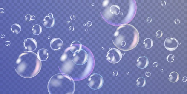 Burbujas realistas de agua blanca con reflexión sobre fondo transparente. Ilustración vectorial — Vector de stock