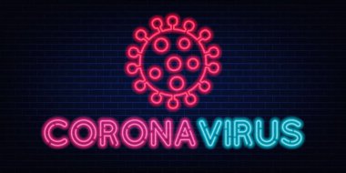 Coronavirus neon işareti karantina koronavirüs salgını. Aydınlatmalı tuğla bir duvarın arka planında parlak bir gece tabelası var. Korunma kampanyası ya da Coronavirus, COVID-19.