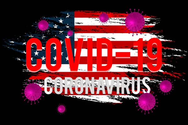 Coronavírus, aviso de vírus voador contra a bandeira dos EUA. Coronavirus 2019-nCoV (em inglês). Sinal de coronavírus COVID-2019 nos EUA bandeira no estilo de grunge. — Vetor de Stock