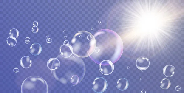 Gelembung air putih realistis dengan refleksi pada latar belakang transparan. Ilustrasi vektor - Stok Vektor