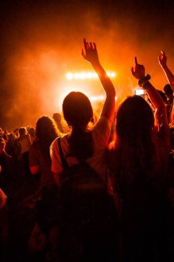 İnsanlar ile bir konser veya izleyici ile hava ve bir müzik festivalinde Alkışlar eller. Yaz müzik festivali.