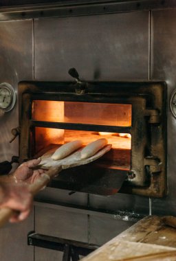 Baker ekmek ahşap fırına koyuyor. Geleneksel ekmek kavramı.