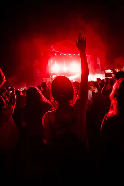 View of a concert with people or audience with hands in the air and clapping at a music festival. Summer music festival.