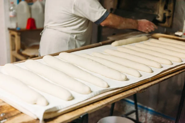 Baker Preparing Raw Dough Bread Baking Wood Oven Traditional Bakery — Stock Photo, Image