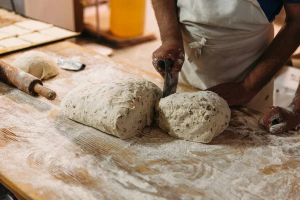 Baker Kneading Dough Prepare Bread Rustic Table Bakery Traditional Bakery — Stock Photo, Image