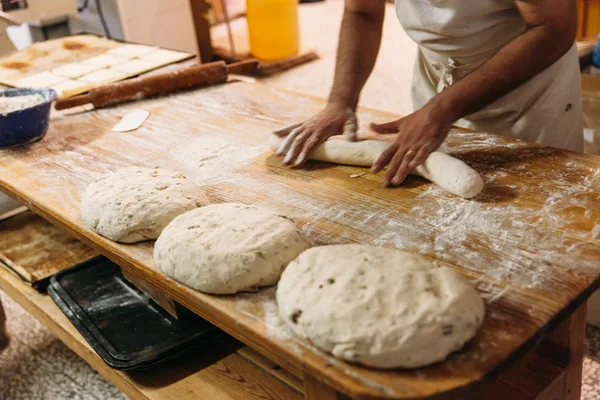 Baker Kneading Dough Prepare Bread Rustic Table Bakery Traditional Bakery — Stock Photo, Image