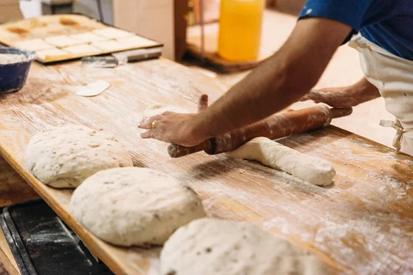 Baker Kneading Dough Prepare Bread Rustic Table Bakery Traditional Bakery — Stock Photo, Image