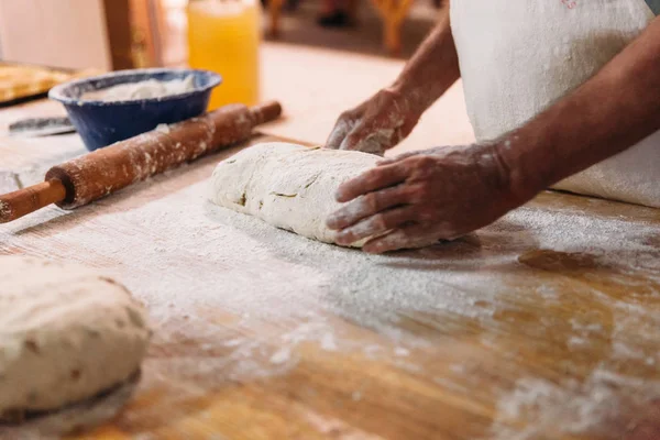 Male Baker Prepares Bread Baker Kneading Dough Flour Making Bread — Stock Photo, Image