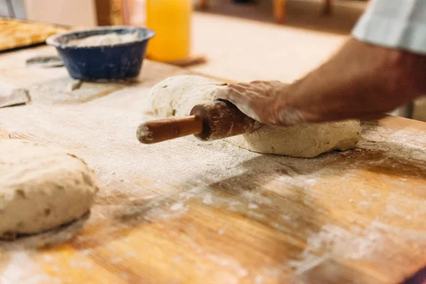Male Baker Prepares Bread Baker Kneading Dough Flour Making Bread — Stock Photo, Image