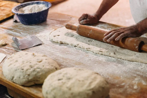 Male Baker Prepares Bread Baker Kneading Dough Flour Making Bread — Stock Photo, Image