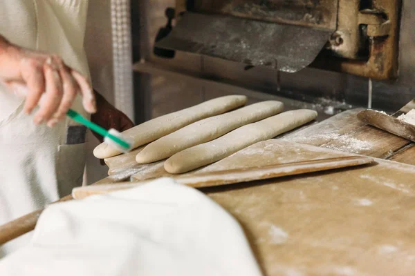 Baker Preparing Raw Dough Bread Baking Wood Oven Traditional Bakery — Stock Photo, Image