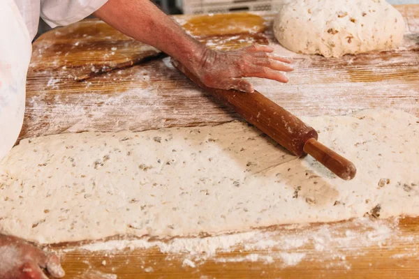 Male Baker Prepares Bread Baker Kneading Dough Flour Making Bread — Stock Photo, Image