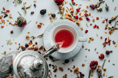Çay molası zamanı. Birisi bir çaydanlık beyaz masa arka plan üzerine bir bardak çay atarak düz lay.