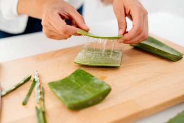 Kadın bir aloe vera jel tarifi esansları ile hazırlanıyor. Sağlıklı, doğal ve kozmetik kavramı