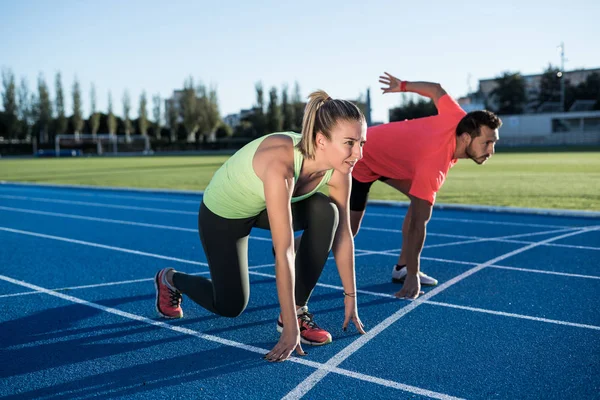 Athlete Couple Starting Position Ready Start Race Sprinters Ready Race — Stock Photo, Image