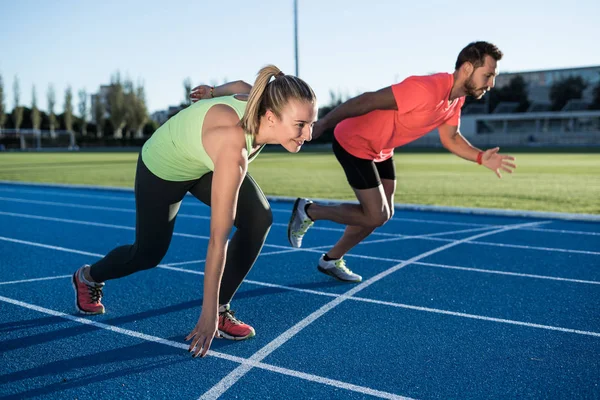 Athlete Couple Starting Position Ready Start Race Sprinters Ready Race — Stock Photo, Image