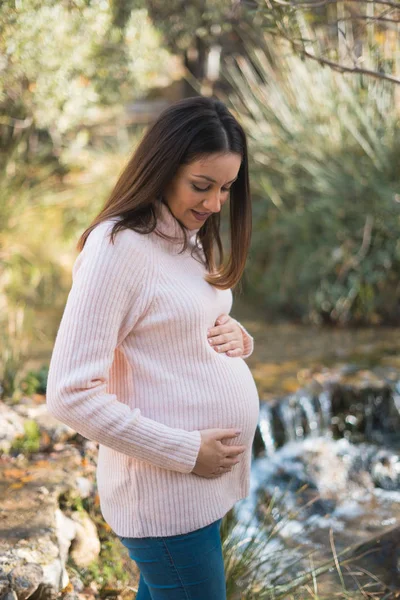 Jovem Mulher Grávida Mantém Mãos Barriga Perto Rio Conceito Gravidez — Fotografia de Stock