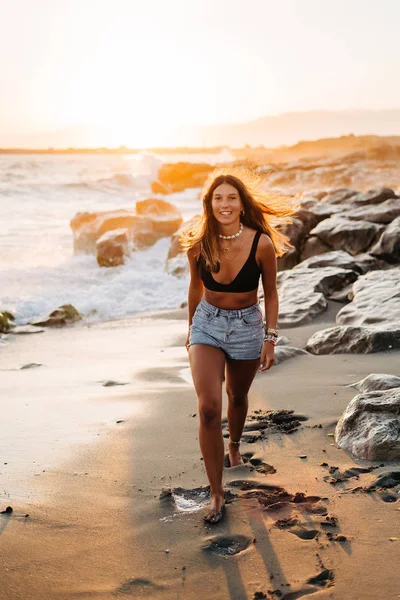 Portrait Young Female Walking Sea Shore Looking Camera Laughing Multiracial — Stock Photo, Image