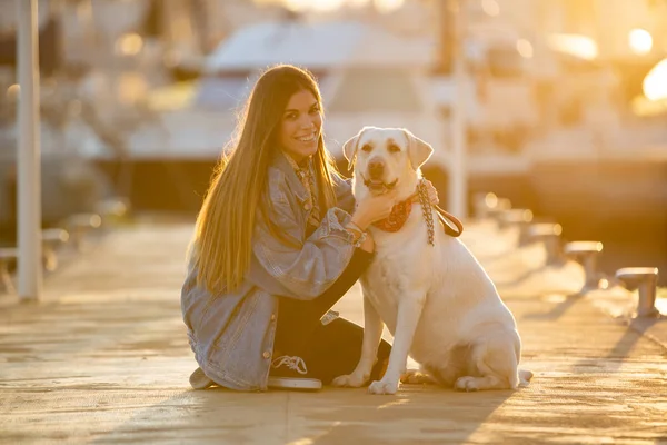 Mulher Beleza Com Seu Cão Brincando Livre Durante Pôr Sol — Fotografia de Stock