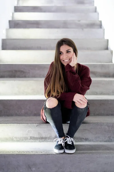 Young Beautiful Woman Smiling Sitting Stai — Stock Photo, Image