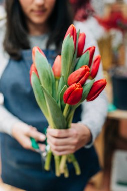 Adam çiçekçi paketi Kağıt ahşap masa üzerinde kırmızı lale buketi ve kaydırma yapar. Çiçekler