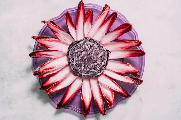 Draufsicht auf einen Teller mit rotem Endivien und lila Kohl isoliert auf grauem Hintergrund. gesundes, biologisches und entgiftendes Gemüse. künstlerische Blumenkomposition. — Stockfoto