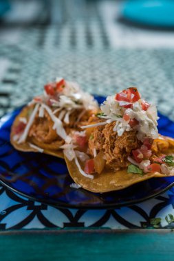 Mavi tabakta gerçek Meksika tacoları. Otantik Meksika barbacoası, carnitas ve tavuklu taco.