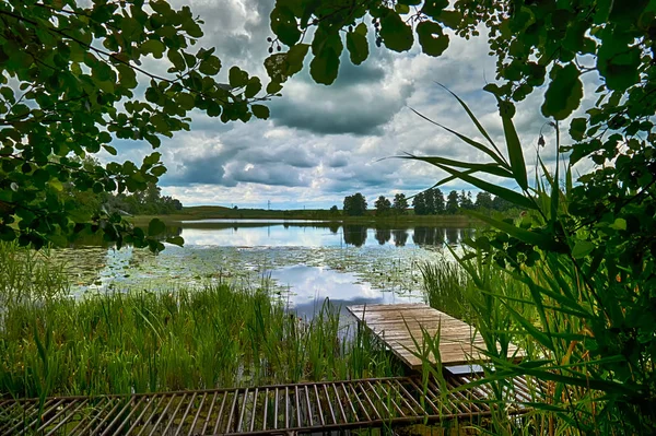 Träpir Sjö Stranden Bland Vassen Mörka Storm Moln Och Reflektioner — Stockfoto