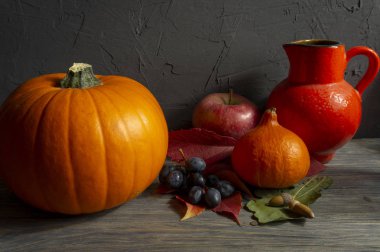 Parlak sonbahar ile iki kabaklar bir siyah kaba beton grunge duvara ahşap rustik masa üzerinde apple, mavi üzüm meşe palamudu ve kırmızı sürahi bırakır. Ücretsiz kopya alanı ile sonbaharda hasat ve tatil natürmort