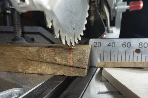 Teeth Circular Power Saw Close Assorted Blocks Wood Metal Scale — Stock Photo, Image