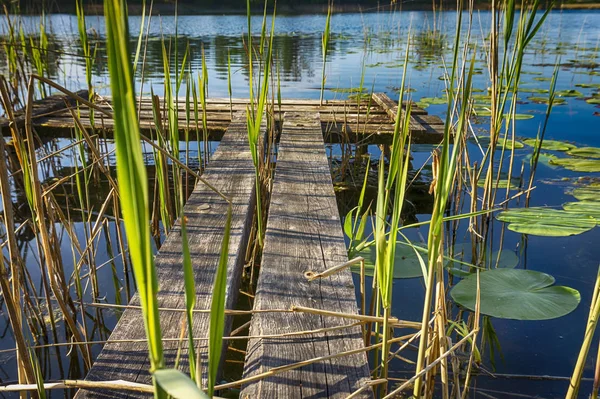 Старый деревенский деревянный причал на спокойном озере — стоковое фото