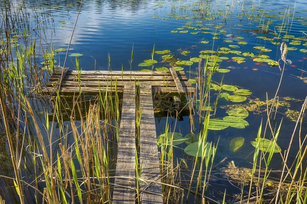 Старый деревенский деревянный причал на спокойном озере — стоковое фото