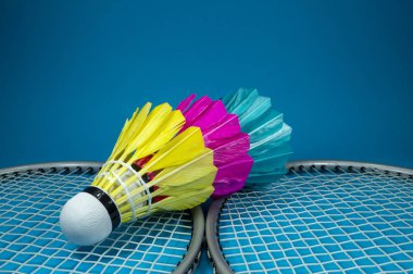Tüylü shuttlecocks ve badminton raketleri