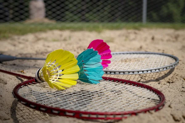 Colorful shuttlecocks with a badminton net