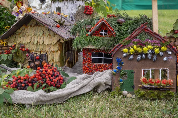 Exhibición colorida de cabañas de juguete de otoño en un campo — Foto de Stock