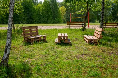 Kırsal ahşap masa ve paletlerle yapılmış banklar sakin bir gölün kıyısında ağaçlarla çevrili ve yaz güneşinde yeşillik