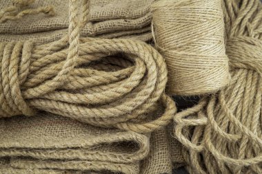 Çuval bezi iplikleri ya da jüt sicimi, yakın plan kumaş çuvalları.