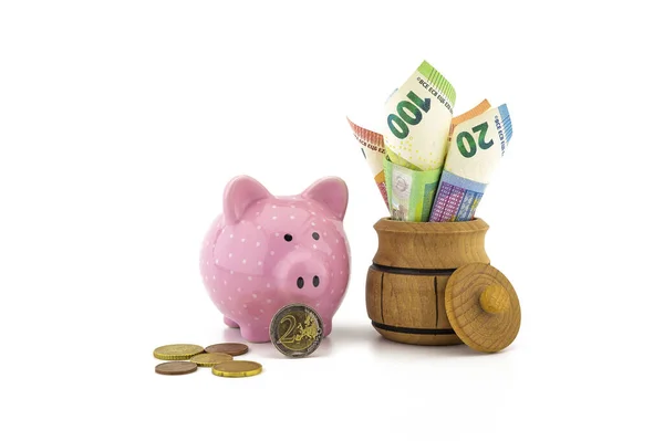 Rolled Euro Banknotes Barrel Little Ceramic Pink Piggy Bank Loose — Stock Photo, Image