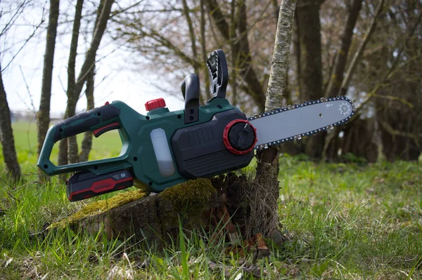 Yeşil ve siyah bir kablosuz testere, doğal bir açık hava ortamında bir ağaç kütüğünün üzerinde kullanılmaya hazırdır. Keskin bıçağı kesme gücünü gösterir..