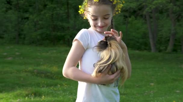 Niña rubia sosteniendo su animal de cobaya. Imágenes lisas de mano afuera. Verano.. — Vídeo de stock