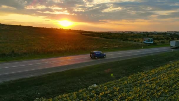 Luftaufnahme: Fliegen entlang der Straße mit fahrenden Autos und Lastwagen in der Nähe von Sonnenblumenfeld bei Sonnenuntergang im Sommer. — Stockvideo