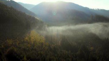 Dağlardaki sisli köyün üzerinde güneşin doğuşunu gösteren hava manzarası. Kuşlar kameranın önünde uçuyor.