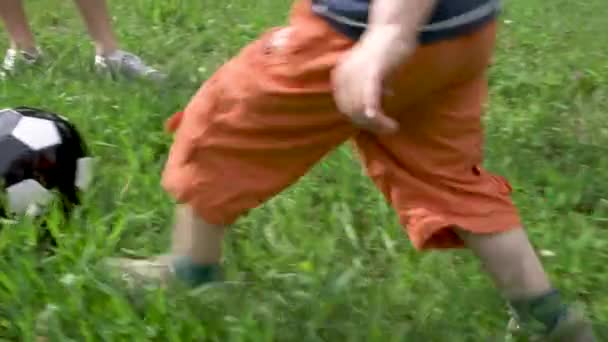 Child playing soccer with a ball in the long grass, close-up of the foot and ball, tracking camera — Wideo stockowe