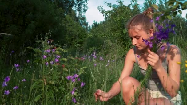 Uma Bela Menina Marrom Claro Agachamento Prado Florescente Coleta Buquê — Vídeo de Stock