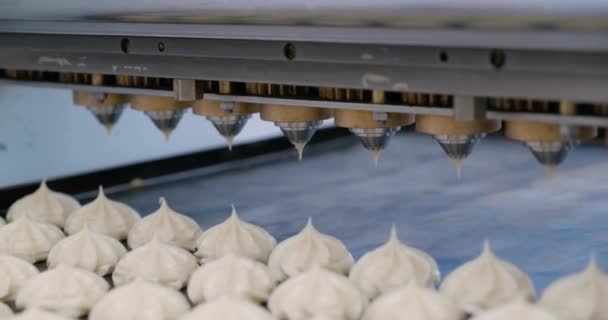 Proces ukládání marshmallows nebo profiterolů na skládací stroj — Stock video
