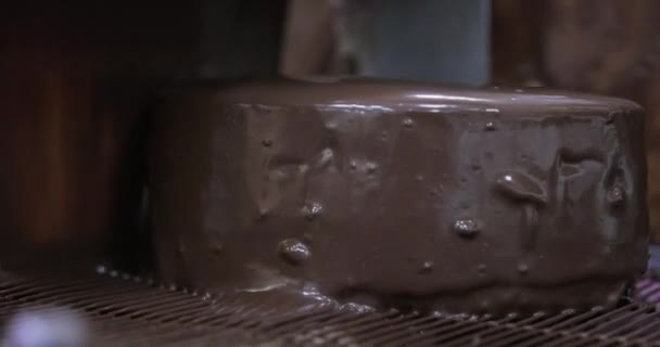 Deklaag de taart met vloeibare chocolade op een chocolademachine — Stockvideo