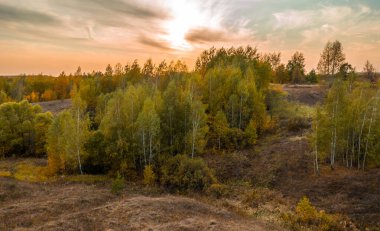 Vadinin yamaçlarında yetişen güzel sonbahar ağaçlarıyla dolu manzara, pembe bir günbatımının arka planında.